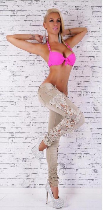 F8907 Sexy Women  s Denim Beige Skinny Jeans Crochet Lace Party Jeans